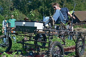 Un homme pédale sur une machine de sarclage dans un champ de légumes. 