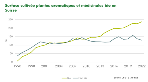 Graphique : Surface cultivée plantes aromatiques et médicinales bio en Suisse 1990-2021