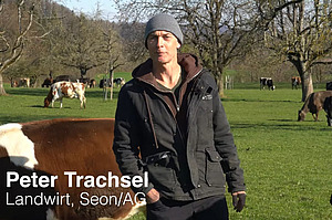 L'agriculteur Peter Trachsel se trouve dans un pâturage avec des vaches laitières et nous parle de la gestion des pâturages dans son exploitation.