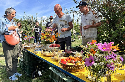 apéro fina avec participants, table fleurie et bien garnie