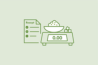 L'illustration représente une fiche de recette et une balance avec un bol et des morceaux de sucre.
