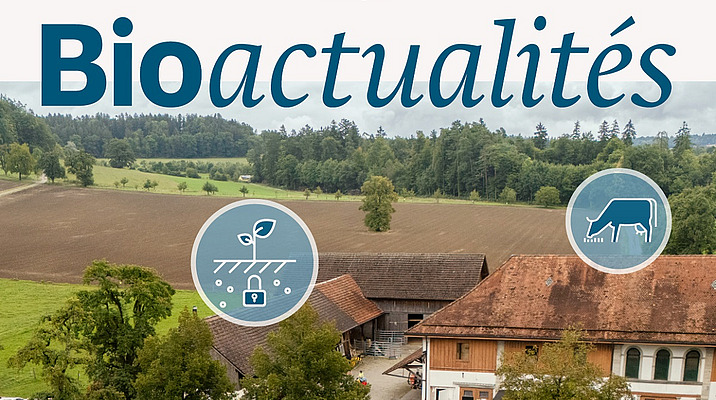 Page de couverture du Bioactualités 8|25: vue aérienne d'une ferme avec différents pictogrammes bleus.