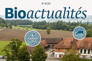 Page de couverture du Bioactualités 8|25: Sol, eau, énergie, alimentation, production animale: L’agriculture bio montre comment la protection du climat réussit dans la pratique. Photo: Christian Pfister, FiBL