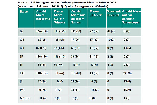 Tableau présentant les chiffres relatifs à l'offre de taureaux pour l'insémination artificielle.