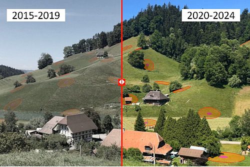 Prise de vue d'une scène de paysage agricole avec des fermes, des prés, des pâturages et des forêts à différentes années.