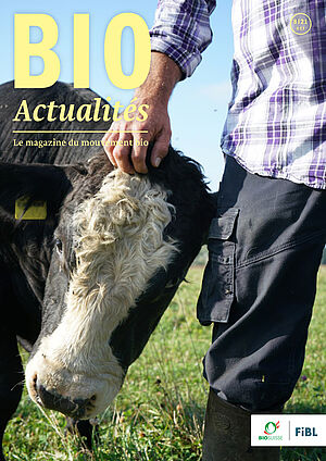 Page de couverture du Bioactualités 8|2021: La tête d’un bovin, tenu par une main d’un homme.