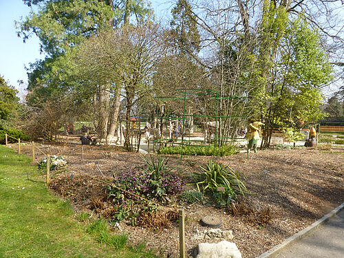 Vues du Jardin botanique de Genève : une grande serre, des massifs floraux, des ruchers, des chemins et des grands arbres. 



L'avant-dernière photo montre la plaque inaugurale de la reconversion au bio du Jardin botanique. Sur la dernière photo, 