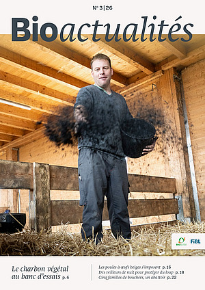Page de couverture du Bioactualités 3|26: Un homme répand du charbon végétal sur du foin.