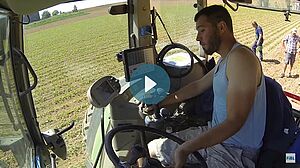 Un homme sur un tracteur dans un champs de betteraves bio