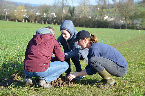 Trois personnes sont à genoux dans un pré où se trouve une partie de sol nu et tiennent de la terre dans leurs mains.