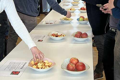 Une table avec pommes pour dégustation.