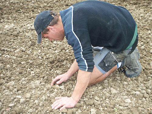Un jeune agriculteur est accroupi sur le sol et observe si la profondeur de semis est correcte.