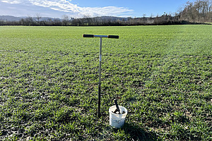 Dans un champ avec une prairie artificielle, une tige de forage est plantée dans le sol. À côté se trouve un seau avec une pelle.