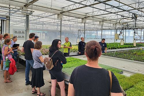 Plusieurs personnes se tiennent dans une serre avec des plantes en pot.  