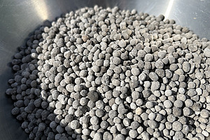 Dans un bol, on peut voir de petits grains gris. 