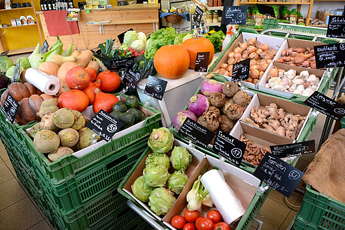 Magasin avec étalage de différents légumes.