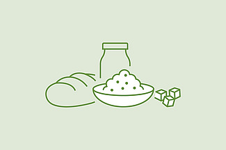 Une illustration représente un pain, une bouteille, un bol rempli et des morceaux de sucre.