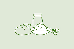Une illustration représente un pain, une bouteille, un bol rempli et des morceaux de sucre.