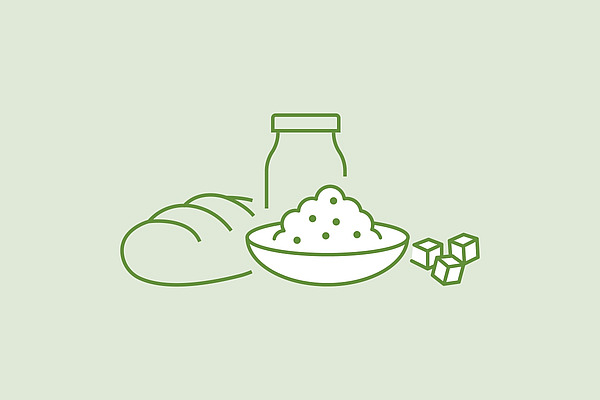 Une illustration représente un pain, une bouteille, un bol rempli et des morceaux de sucre.