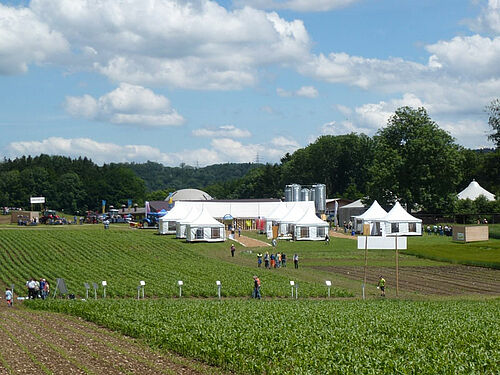 Des stands, des champs d'essais des tentes,,, en plein-air.