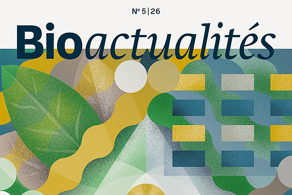 Page de couverture du Bioactualités 5|26: Une illustration composée principalement de jaune, de bleu et de vert, avec une liste de contrôle, une feuille, un tableau et une roue.