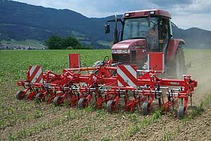 Sarcleuse frontale montée sur un tracteur, à l'entrée d'un champ de jeune maïs