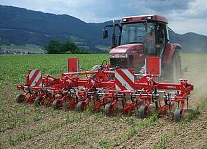 Sarcleuse frontale montée sur un tracteur, à l'entrée d'un champ de jeune maïs