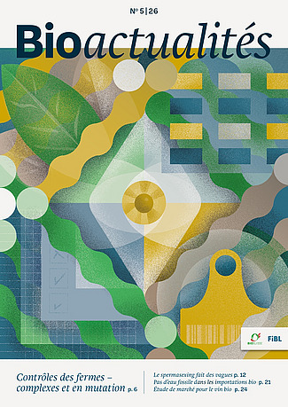 Page de couverture du Bioactualités 5|26: Une illustration composée principalement de jaune, de bleu et de vert, avec une liste de contrôle, une feuille, un tableau et une roue.