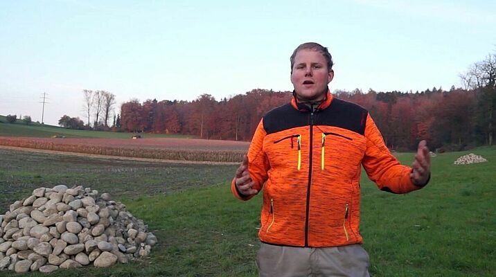 Un fermier se tient sur une prairie avec un tas de pierre pour les belettes