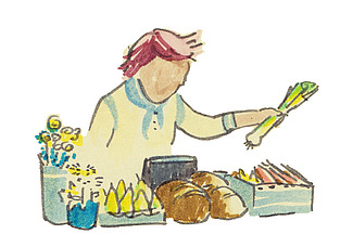 Illustration d'une femme à un étal de marché.