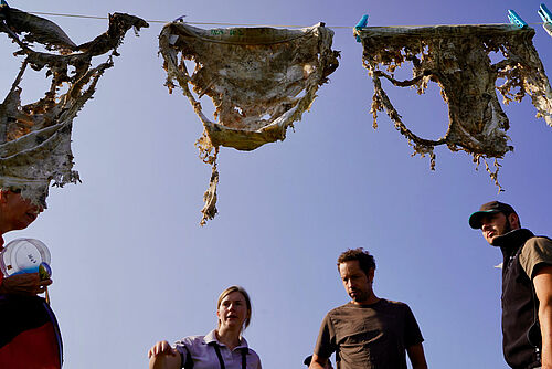 Des slips en partie décomposés sur une corde à linge