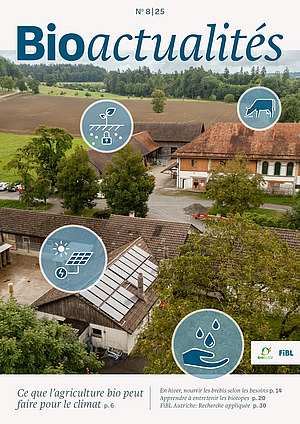 Page de couverture du Bioactualités 8|25: Sol, eau, énergie, alimentation, production animale: L’agriculture bio montre comment la protection du climat réussit dans la pratique. Photo: Christian Pfister, FiBL Page de couverture du Bioactualités 8|25: vue aérienne d'une ferme avec différents pictogrammes bleus.