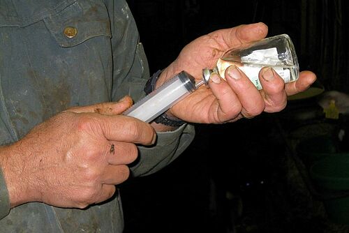 Zwei Hände ziehen eine Spritze auf