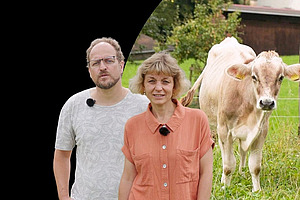 Un homme et une femme avec des vaches en arrière-plan.