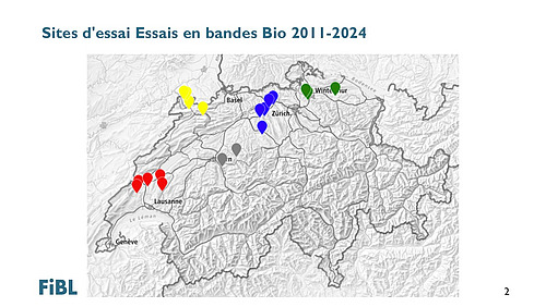 Graphique montrant les sites d'essai des essais en bandes de 2011 à 2024.