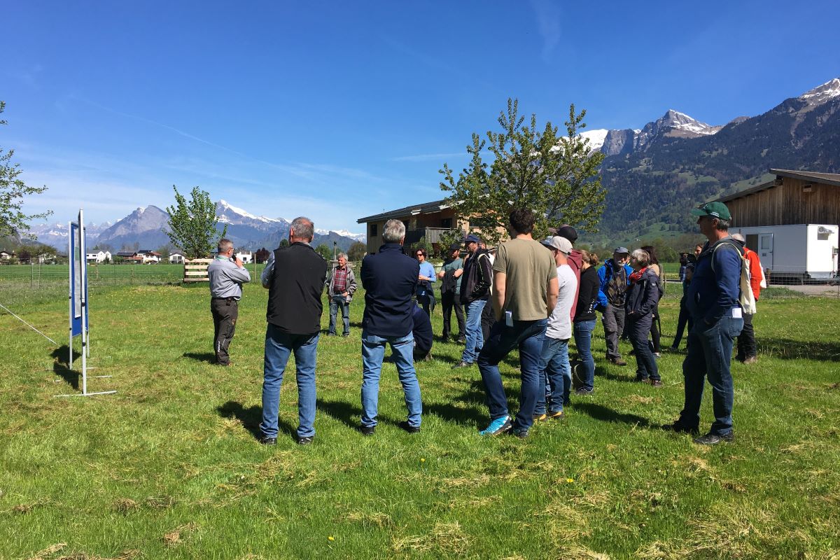 Le conférencier et un groupe de personnes dans une prairie sous un ciel bleu